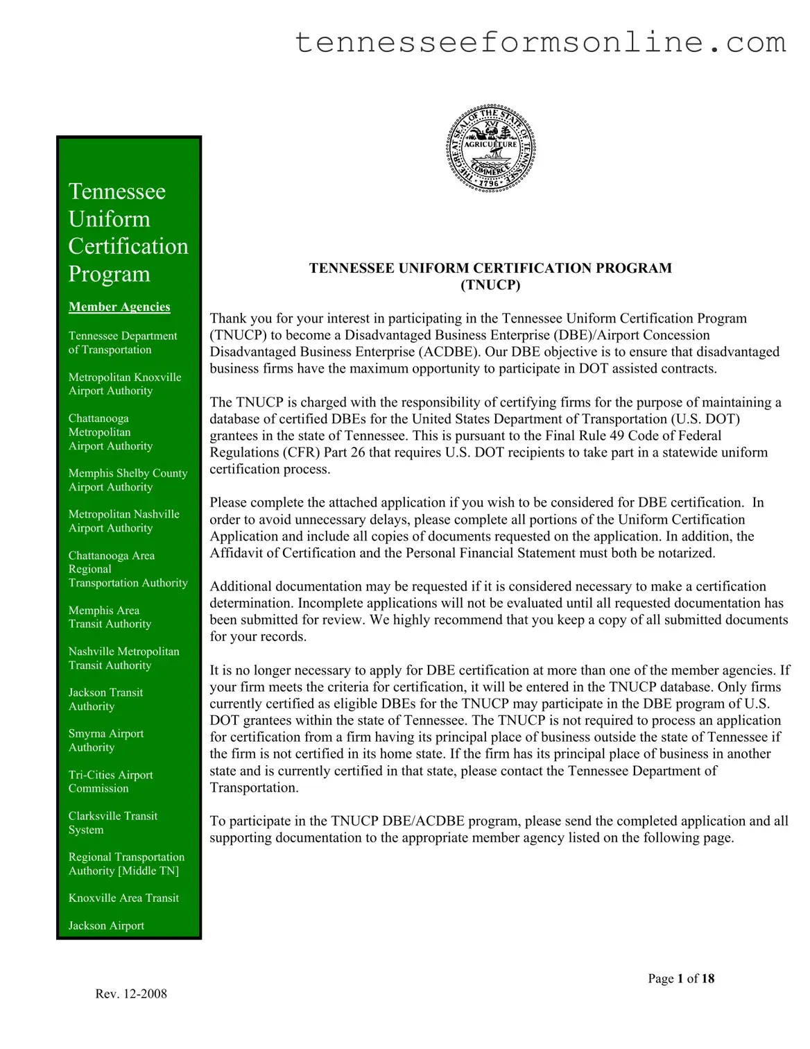 Blank Tennessee Uniform Certification PDF Form